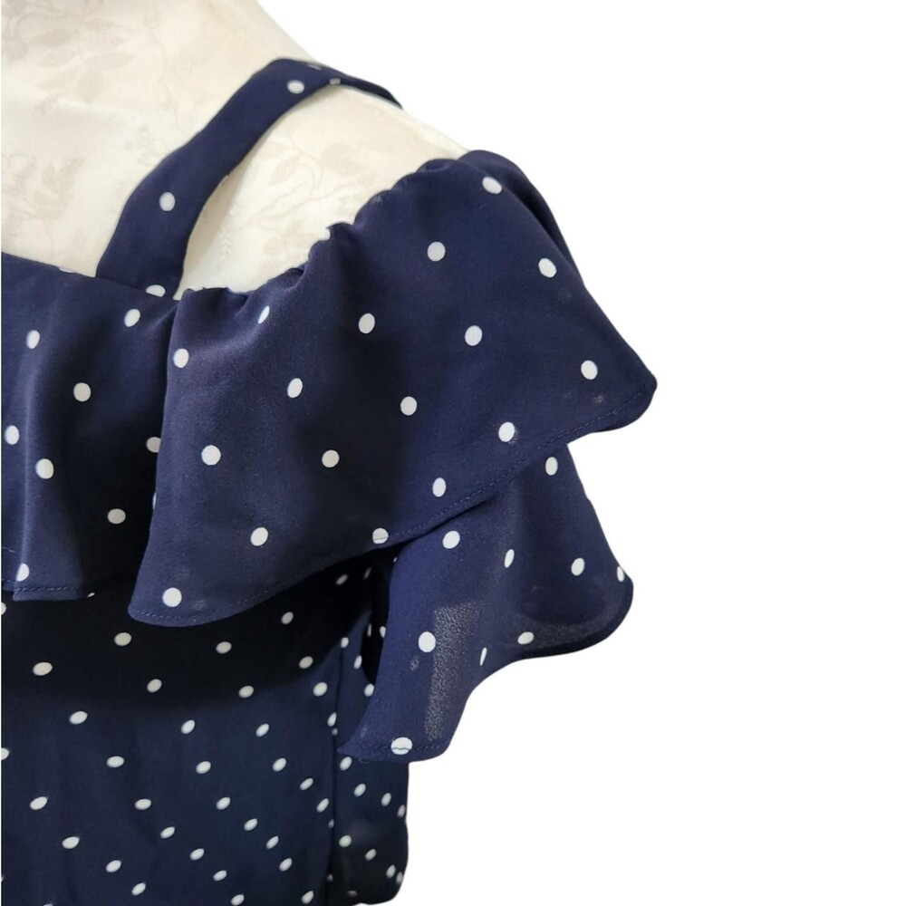J.Crew Cold Shoulder Ruffle Blouse Navy White Polka Dot Silk Feel Top Size 10 - Picture 3 of 8